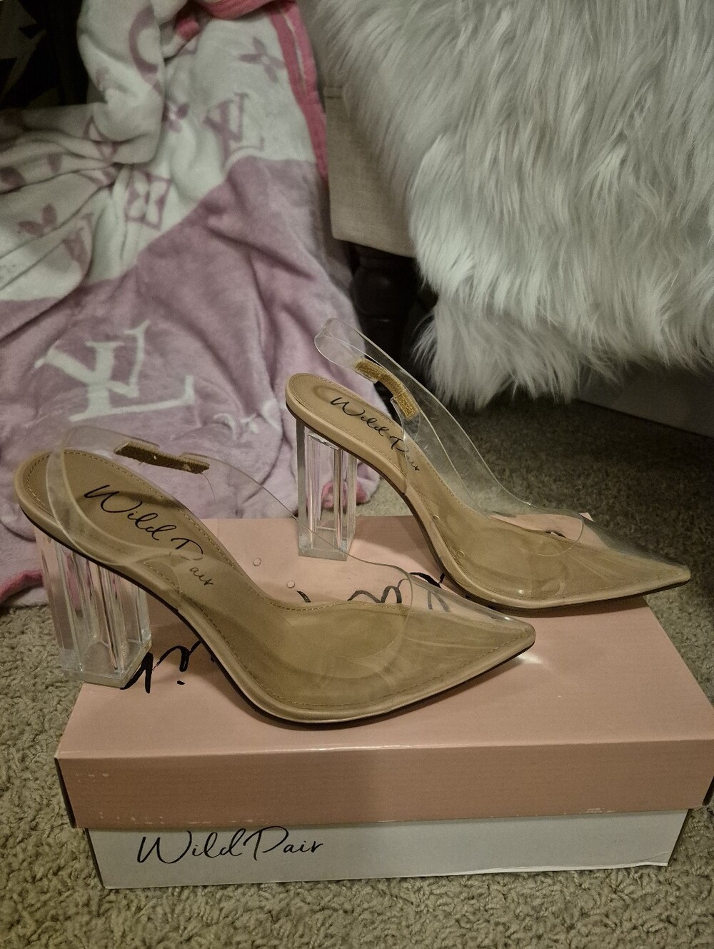 Wild Pair Clear Pointed Heel Mules with Nude Footbed